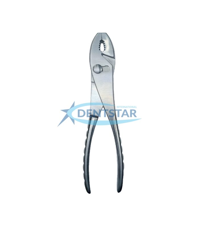 Orthopedic slip joint pliers with serrated jaws and adjustable jaw width, made from surgical-grade stainless steel for use in bone and implant procedures.